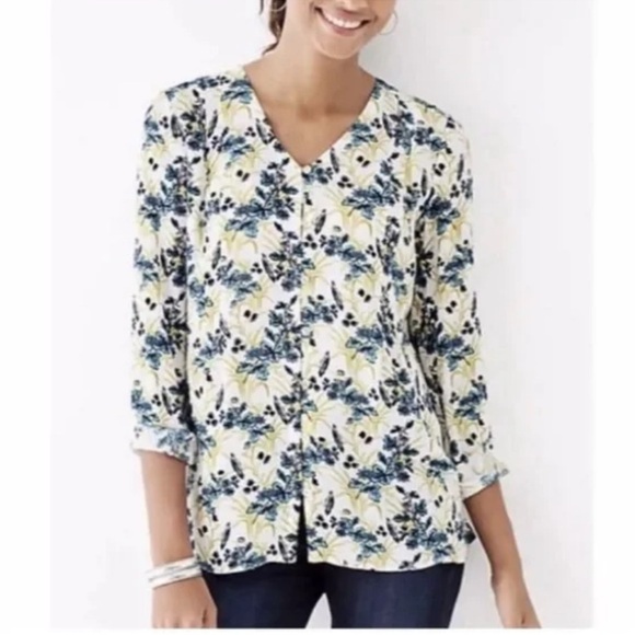 J. Jill Tops - J JILL Blue Yellow Bird Floral V Neck Button Down Top Women’s Small